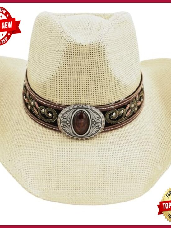 Unisex Straw Cowboy Hat with Studded Band and Bull Buckle, 58cm or 60cm